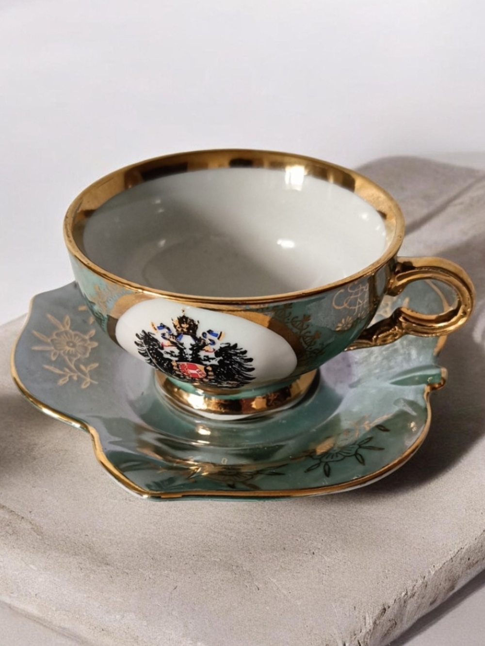 Gold-Trim Green Porcelain Teacup and Saucer - Decorative Home Accent